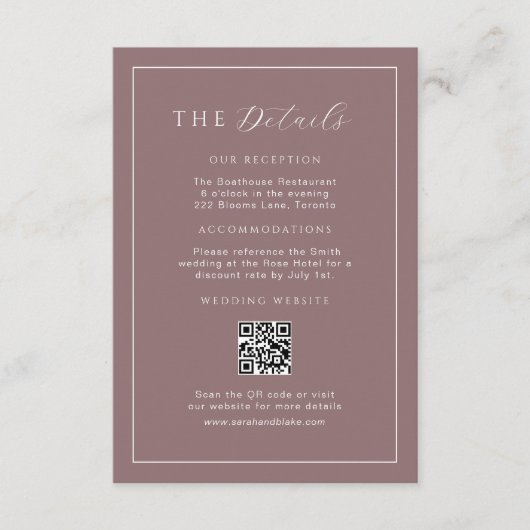 Minimalistische Paarse trouwdetails QR-code invoeg Informatiekaartje (Voorkant)
