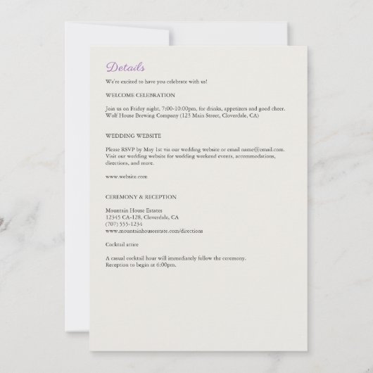 Minimalistische Paarse Wildflower All-in-One bruil Kaart (Achterkant)