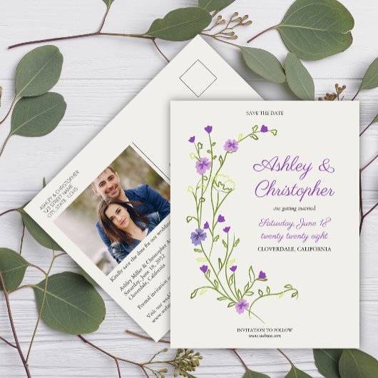 Minimalistische Paarse Wildflower Wedding Save the Briefkaart