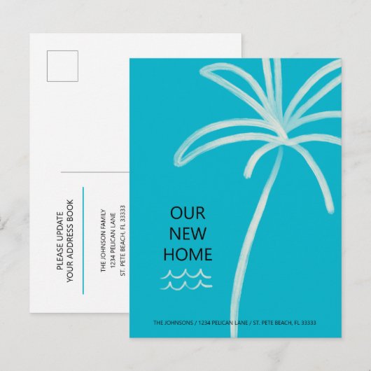 Minimalistische Palm Tree Aqua Nieuw adres Aankondigingskaart (Voorkant / Achterkant)