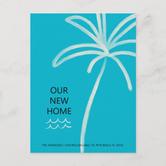 Minimalistische Palm Tree Aqua Nieuw adres Aankondigingskaart (Voorkant)