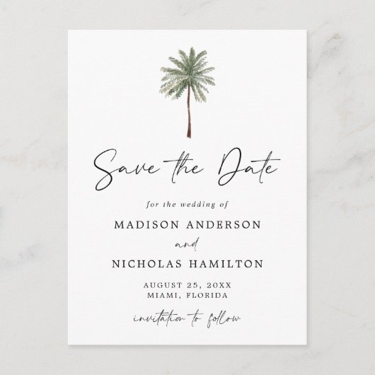 Minimalistische Palm Tree bruiloft Bewaar de datum Aankondigingskaart (Voorkant)