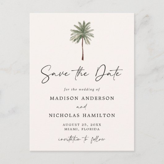 Minimalistische Palm Tree bruiloft Bewaar de datum Aankondigingskaart (Voorkant)
