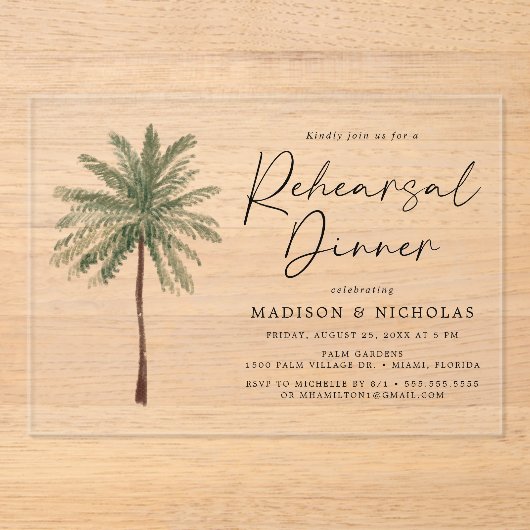 Minimalistische Palm Tree bruiloft repetitie diner Acryl Uitnodigingen (Voorkant)