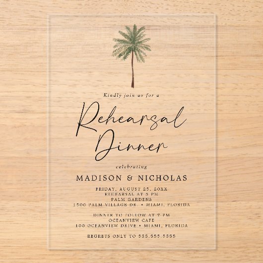 Minimalistische Palm Tree bruiloft repetitie diner Acryl Uitnodigingen (Voorkant)