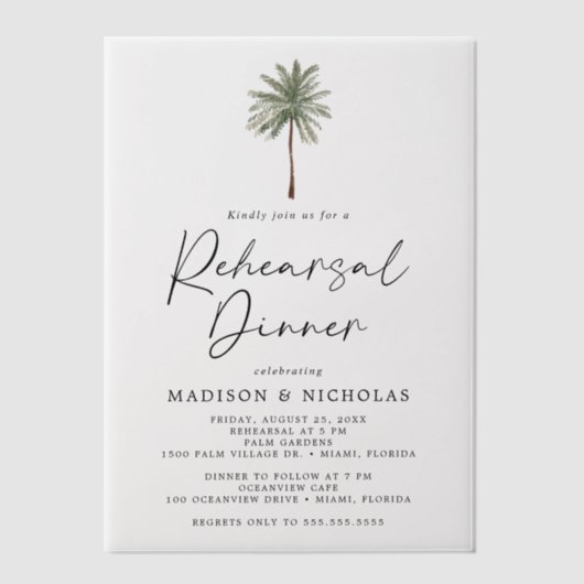 Minimalistische Palm Tree bruiloft repetitie diner Vellum Uitnodigingen (Voorkant)