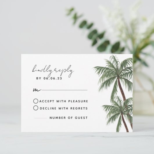 Minimalistische Palm Trees Wedding RSVP-kaart RSVP Kaartje (Staand voorkant)