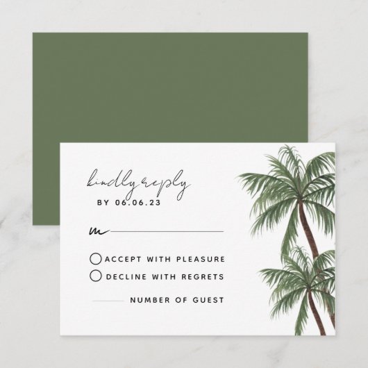 Minimalistische Palm Trees Wedding RSVP-kaart RSVP Kaartje (Voorkant / Achterkant)