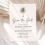 Minimalistische palmboom bruiloft save the date<br><div class="desc">Tropische bruiloft bewaar de datumkaarten met een enkele palmboomillustratie aan de bovenkant van het ontwerp met een ivoren achtergrond. Personaliseer de palmboom om de datum op te slaan met uw namen en trouwdetails in zwarte letters met een modern handgeschreven script dat het ontwerp accentueert. De eenvoudige tropische bewaar de datumkaart...</div>