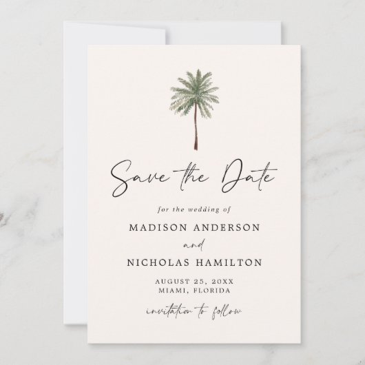 Minimalistische palmboom bruiloft save the date (Voorkant)