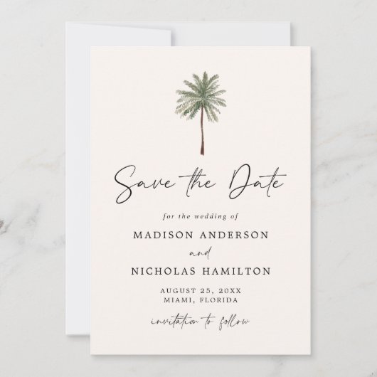 Minimalistische palmboom foto bruiloft save the date (Voorkant)
