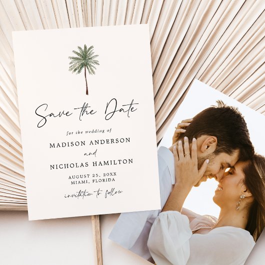 Minimalistische palmboom foto bruiloft save the date