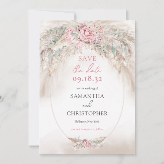 Minimalistische pampa's en stoffige rozen krans sa save the date (Voorkant)