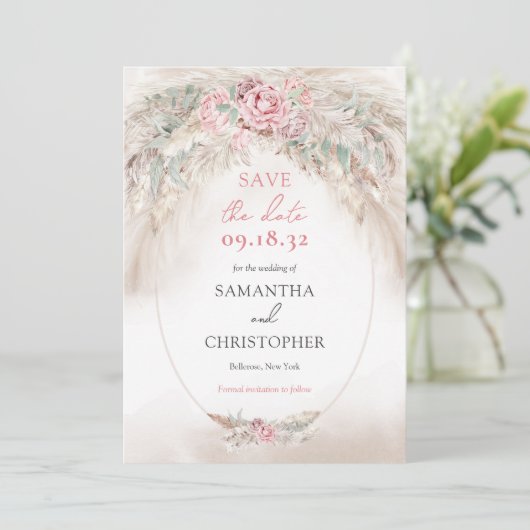 Minimalistische pampa's en stoffige rozen krans sa save the date (Staand voorkant)