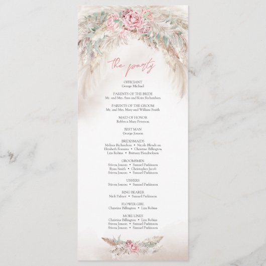 Minimalistische pampa's en stoffige rozen kranspro programmakaart (Achterkant)