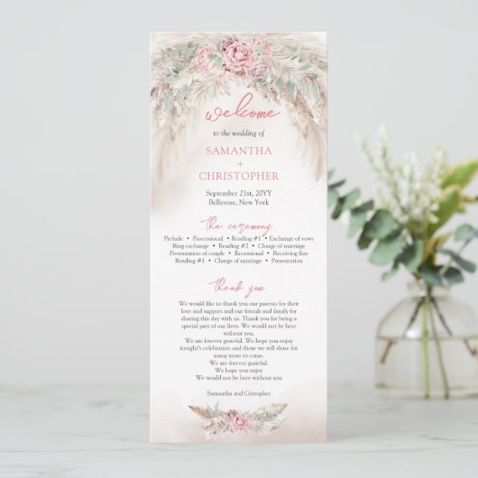 Minimalistische pampa's en stoffige rozen kranspro programmakaart (Staand voorkant)