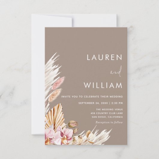 Minimalistische pampas gras boho bruiloft uitnodig kaart (Voorkant)