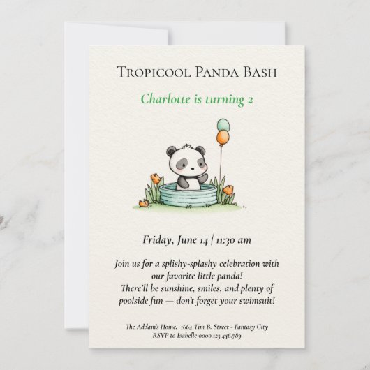 Minimalistische Panda Pool Party uitnodiging (Voorkant)