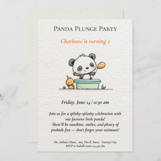 Minimalistische Panda Pool Party uitnodiging (Voorkant / Achterkant)