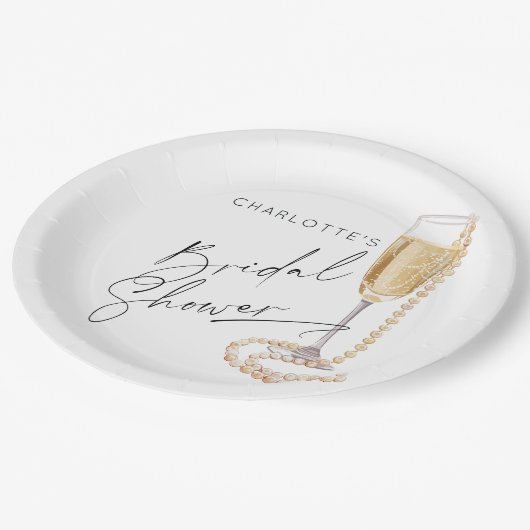 Minimalistische Parels en Prosecco Vrijgezellenfee Papieren Bordje (Gekanteld)