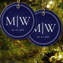 Minimalistische Passen getrouwd Monogram Blue Holi Keramisch Ornament