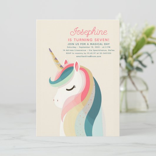 Minimalistische pastel eenhoorn verjaardagsuitnodi kaart (Staand voorkant)
