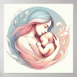 Minimalistische Pastel Kunst van Moeder met Baby Poster