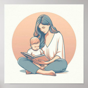 Minimalistische Pastel Kunst van Moeder met Baby Poster