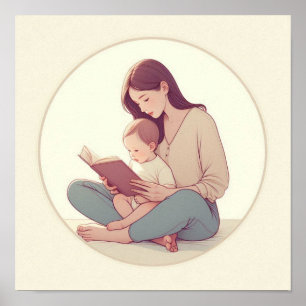 Minimalistische Pastel Kunst van Moeder met Baby Poster