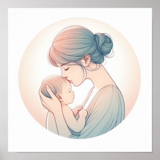 Minimalistische Pastel Kunst van Moeder met Baby Poster (Voorkant)