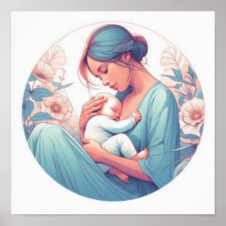 Minimalistische Pastel Kunst van Moeder met Baby Poster