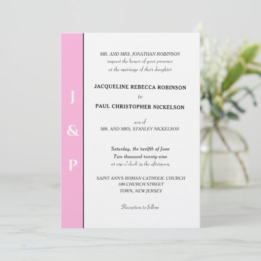 Minimalistische pastel lichtroze witte monogram kaart (Staand voorkant)