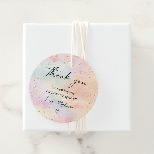 Minimalistische Pastel Rainbow Gold Verjaardag Bedankjes Labels (In situ)