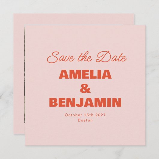 Minimalistische Pastel Roze Sinaasappel Retro Foto Save The Date (Voorkant / Achterkant)