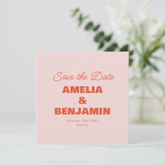 Minimalistische Pastel Roze Sinaasappel Retro Foto Save The Date (Staand voorkant)