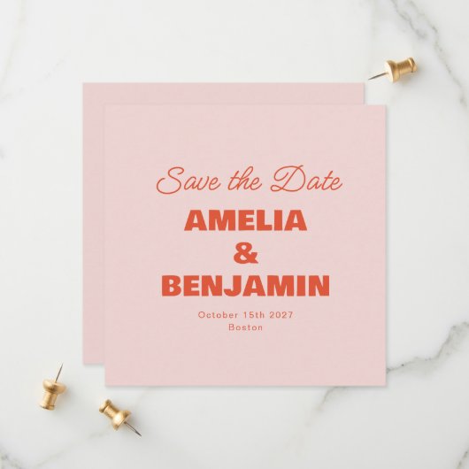 Minimalistische Pastel Roze Sinaasappel Retro Foto Save The Date (Voorkant / Achterkant in situ)