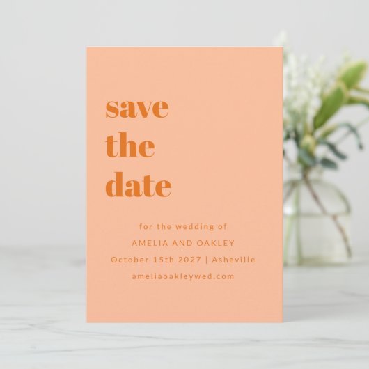 Minimalistische Peach Sinaasappel Retro Eenvoudige Save The Date (Staand voorkant)