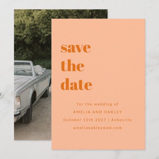 Minimalistische Peach Sinaasappel Retro Eenvoudige Save The Date (Voorkant / Achterkant)