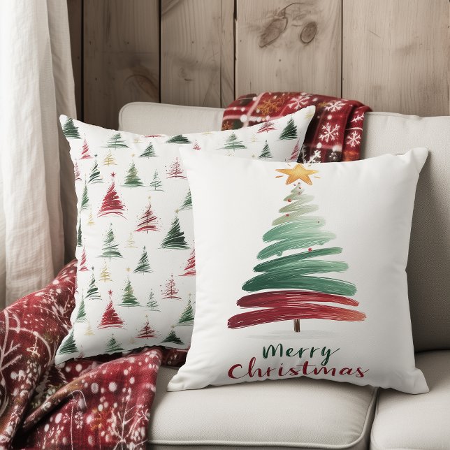 Minimalistische Penseelstreek Kerstboom Kussen (Creator heeft geüpload)