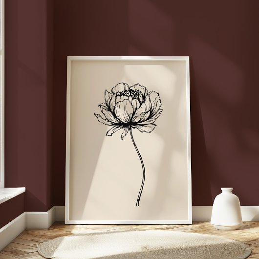 Minimalistische Peony Line Art Elegant Bloemen Zwa Poster