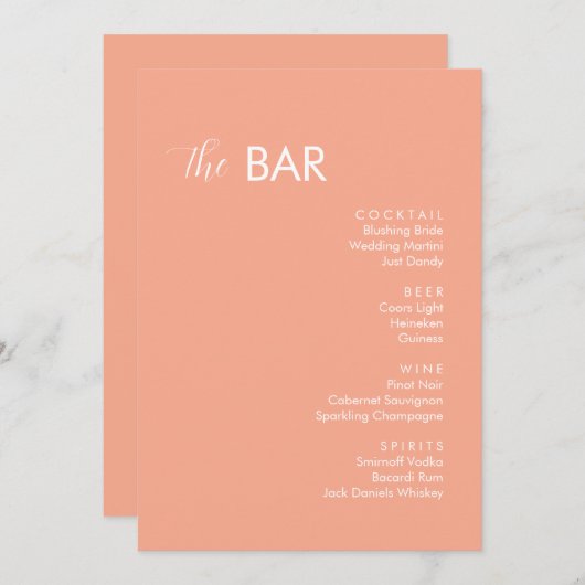 Minimalistische perzik bruiloft Drinken Bar Menu (Voorkant / Achterkant)