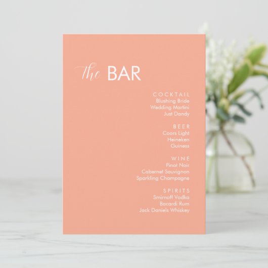 Minimalistische perzik bruiloft Drinken Bar Menu (Staand voorkant)