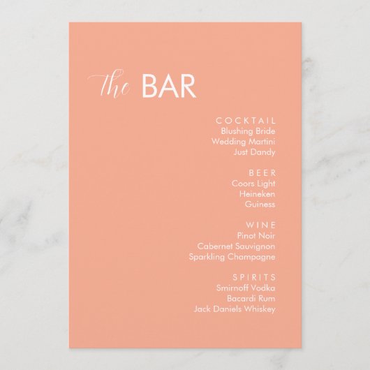 Minimalistische perzik bruiloft Drinken Bar Menu (Voorkant)