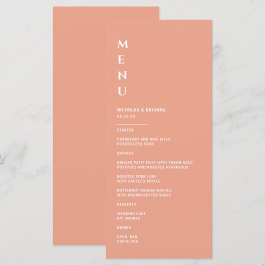 Minimalistische perzik bruiloft menu (Voorkant / Achterkant)