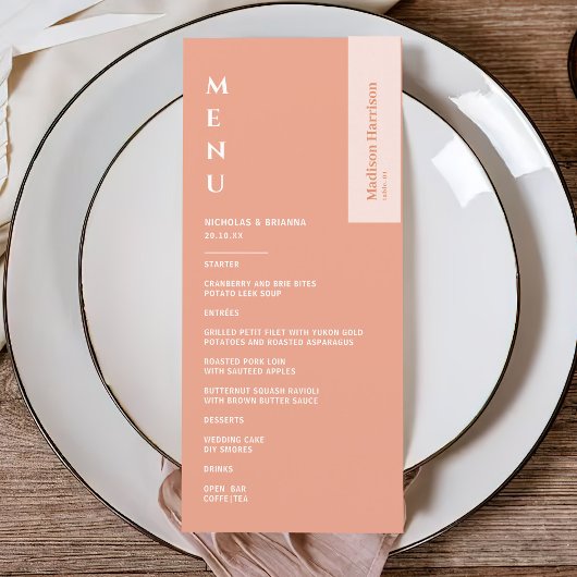 Minimalistische perzik bruiloft menu