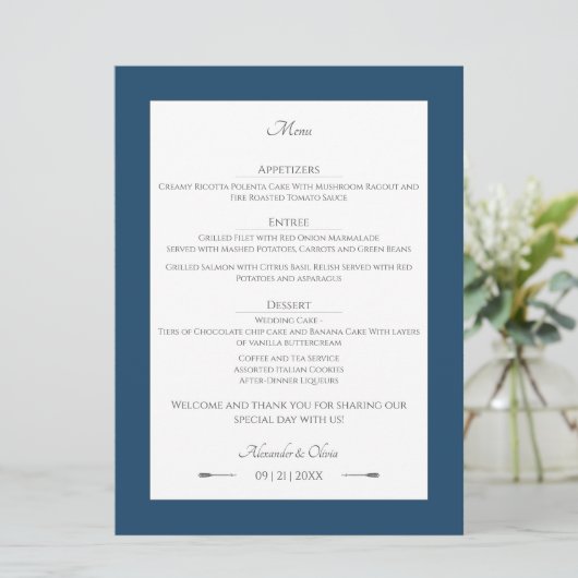 Minimalistische pijlen bruiloft | Marseille Blue Menu (Staand voorkant)