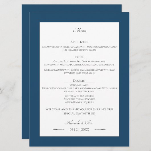 Minimalistische pijlen bruiloft | Marseille Blue Menu (Voorkant / Achterkant)