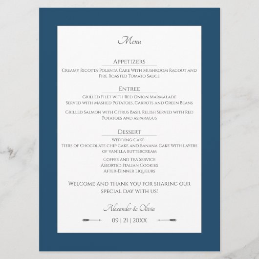 Minimalistische pijlen bruiloft | Marseille Blue Menu (Voorkant)