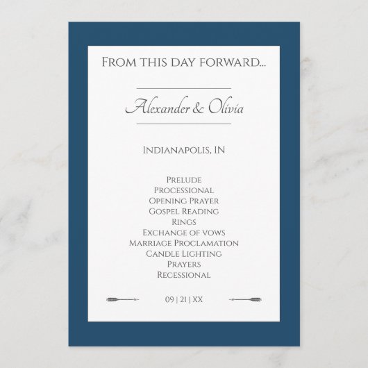 Minimalistische pijlen bruiloft | Marseille Blue Programmakaart (Voorkant)