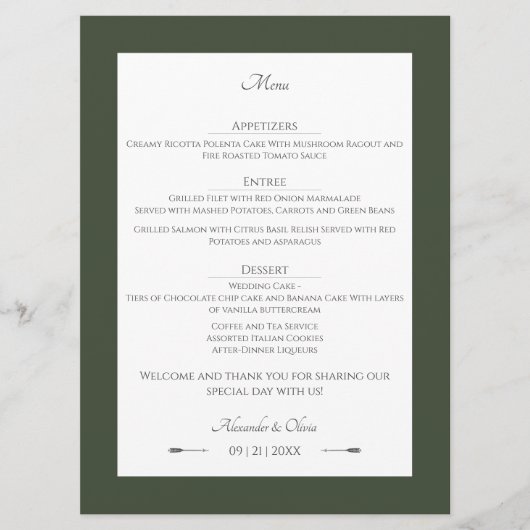 Minimalistische pijlen bruiloft | Olijfgroen Menu (Voorkant)